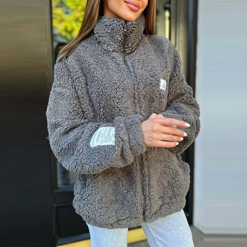 LIZAKOSHT  -  New Winter Warm Solid Color Loose Jacket Women's Stand Collar Zipper Lamb Wool Coat Ladies Casual Pocket Commuter Outwear