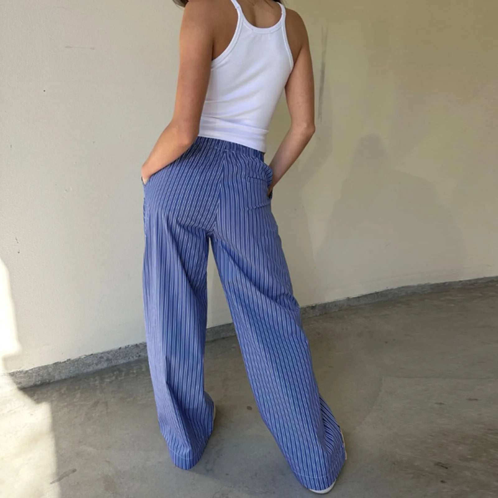 LIZAKOSHT  -  Women Y2k Striped Print Pants Casual Loose Fit High Waist Drawstring Wide Leg Pop Pants Vintage Streetwear Lounge Pants