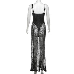 LIZAKOSHT  -  Women Sexy Lace Maxi Dress See Through Spaghetti Straps Bodysuit Lining Strapless Backless Bodycon Birthday Club Party Long Robe