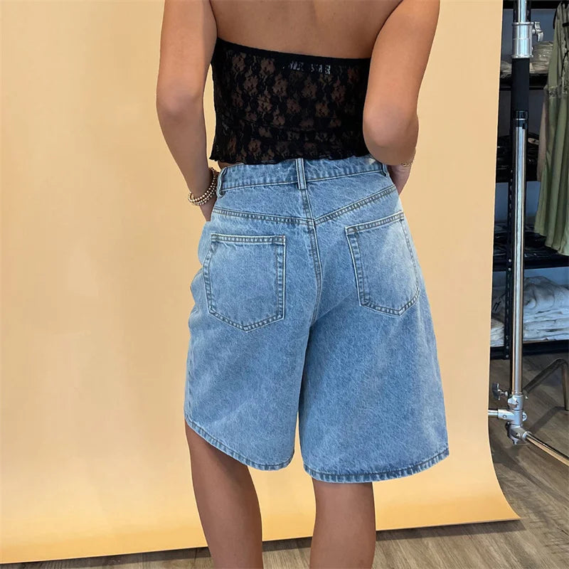 LIZAKOSHT  -  Jeans Shorts y2k Clothes Women Solid Color High Waist Loose Denim Hot Pants with Pockets 2000s Clothing Streetwear