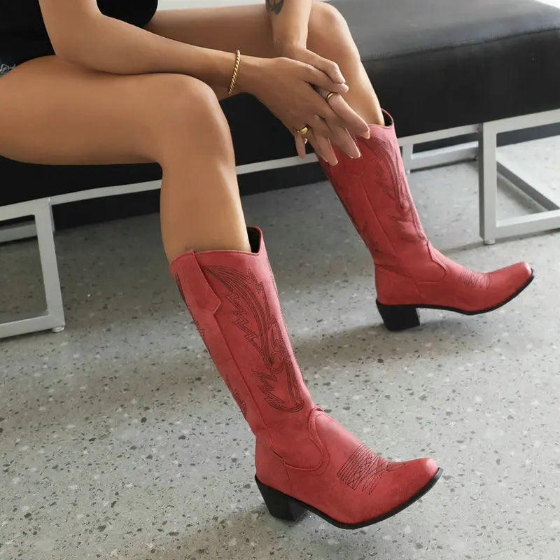 LIZAKOSHT  -  Retro Knight Mid-Leg Boots Embroidered Totem Western Cowboy Boots Increased Slim Plus Size Women's Boots 35&46