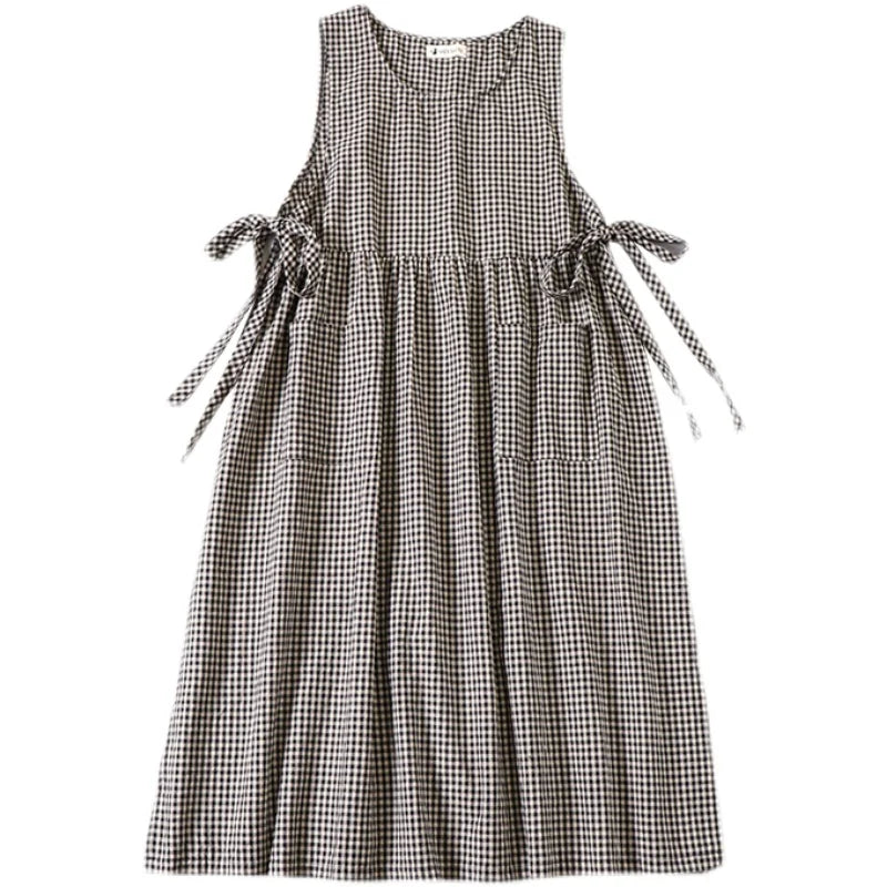 LIZAKOSHT  -  Summer Mori Girl Literary Artistic Vest Dress Cotton Linen Plaid Cover Strapless Sleeveless One-Piece Long Skirt