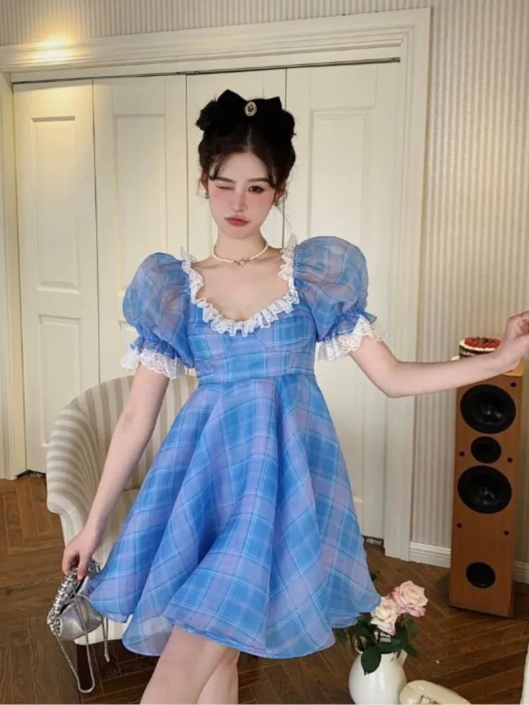 LIZAKOSHT  -  Retro French Lace Spliced Blue Plaid Puff Sleeve Mini Dress Vintage Women Ruffles Short Party Dresses Holiday Robe Vestidos