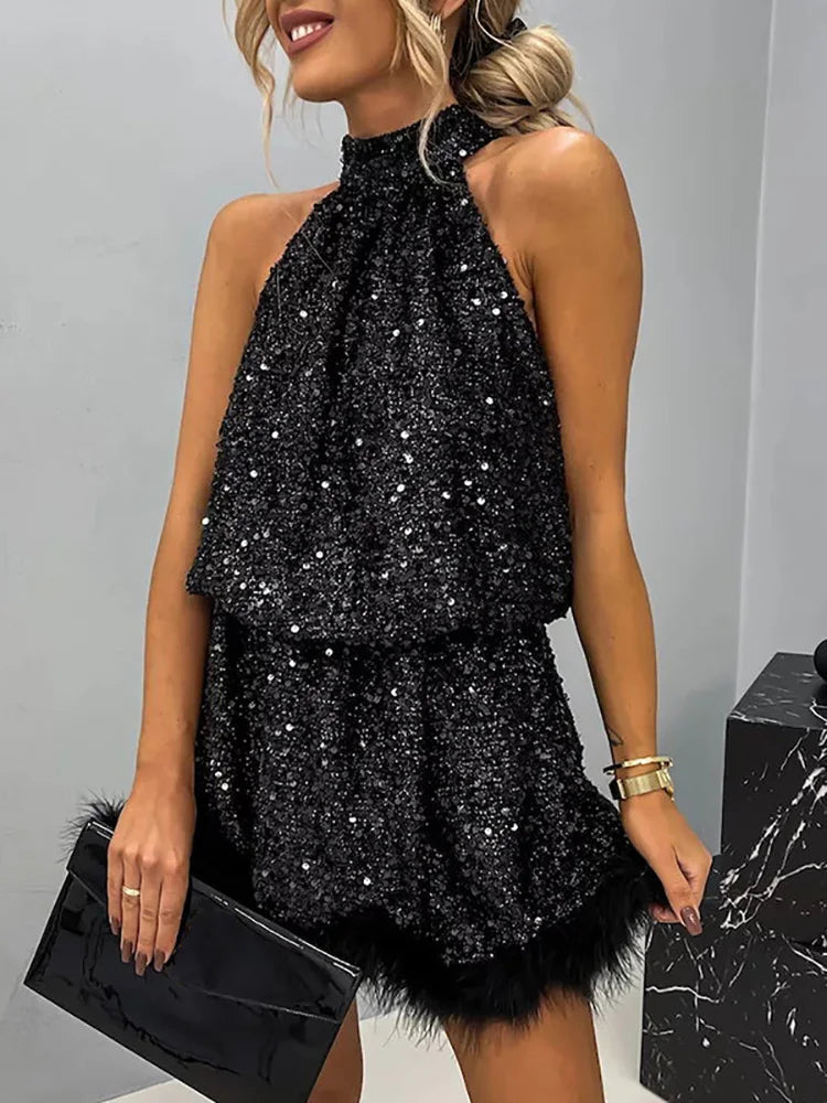 LIZAKOSHT  -  Lacing Up Half High Collar Women Sequins Dress Female Hollow Out Off Shoulder Club Dress Casual Patchwork Sleeveless Party Dress