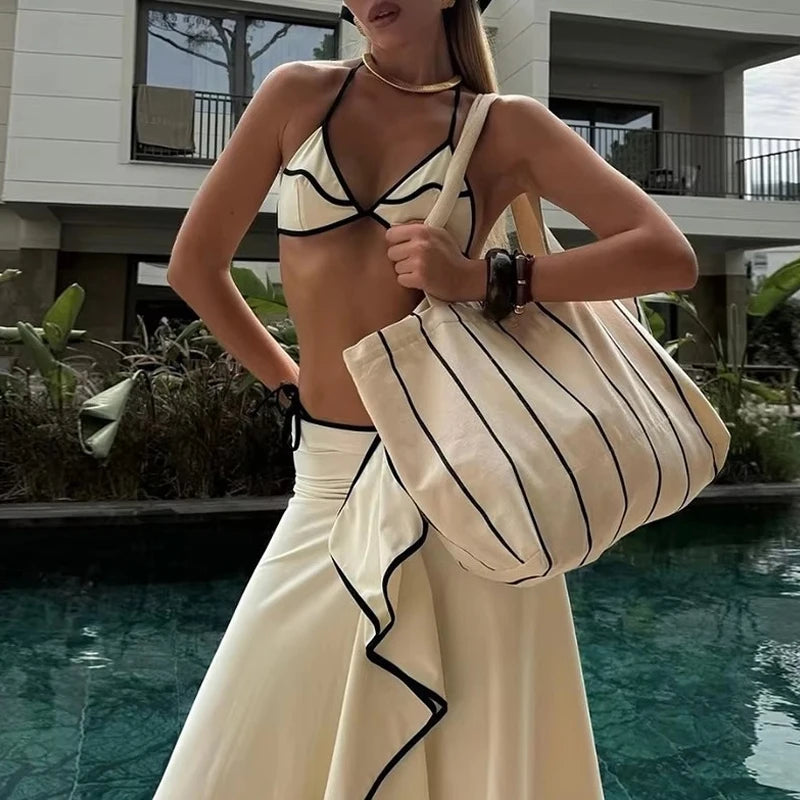 ﻿LIZAKOSHT  -  Sexy Blocked Color Three Piece Bikini Set Black White Women Swimsuit Elegant Halter Backless with Long Skirt Bathing Suit