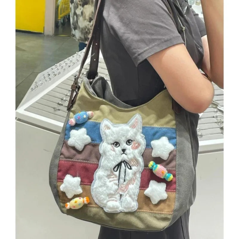 LIZAKOSHT  -  Harajuku Cat Shoulder Bags Women Vintage Embroidery Patchwork Casual Tote Bag Handbag Female Sweet Y2k Bags Aesthetic