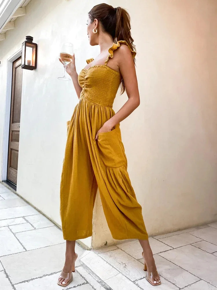 Lizakosht Chicheca Ruffles Strap Pockets Women Wide Leg Yellow Summer Jumpsuit Smocked Playsuit Casual Beach New In Romper 2024 Pants