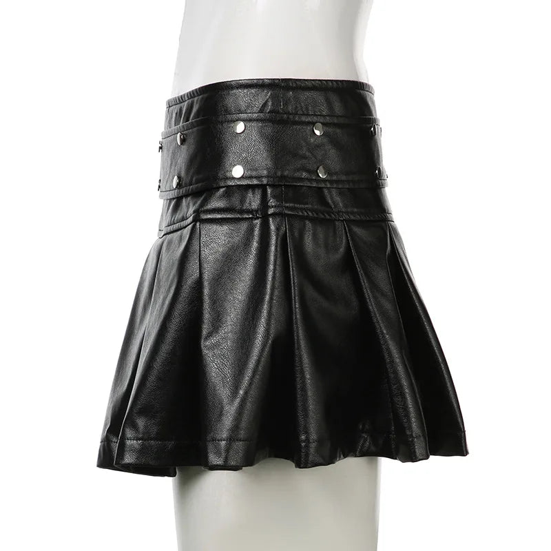 LIZAKOSHT  -  Y2K Rivet PU Leather Mini Skirt Hot Girl Pleated Skirt Punk Zipper Low Waist Black Party Club Skirt Female Autumn Fashion