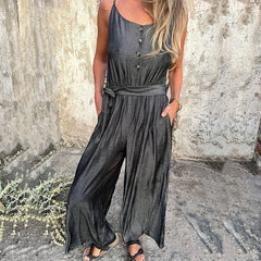 LIZAKOSHT  -  Spring Summer Sleeveless Boho Jumpsuits Women U Neck Button Pocket Sling Playsuit Summer Backless Wide Leg Pants Romper Overalls