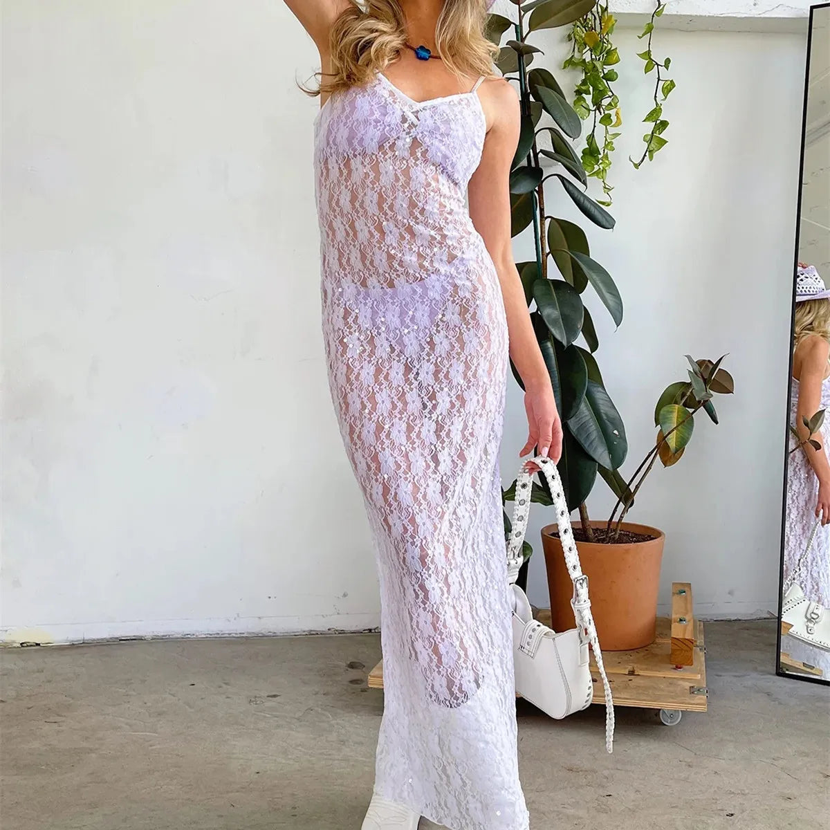 Lizakosht Fairy Coquette Bodycon Long Dress Spaghetti Straps V-neck Backless See-through Lace Slit Summer Maxi Dress Women Vestidos