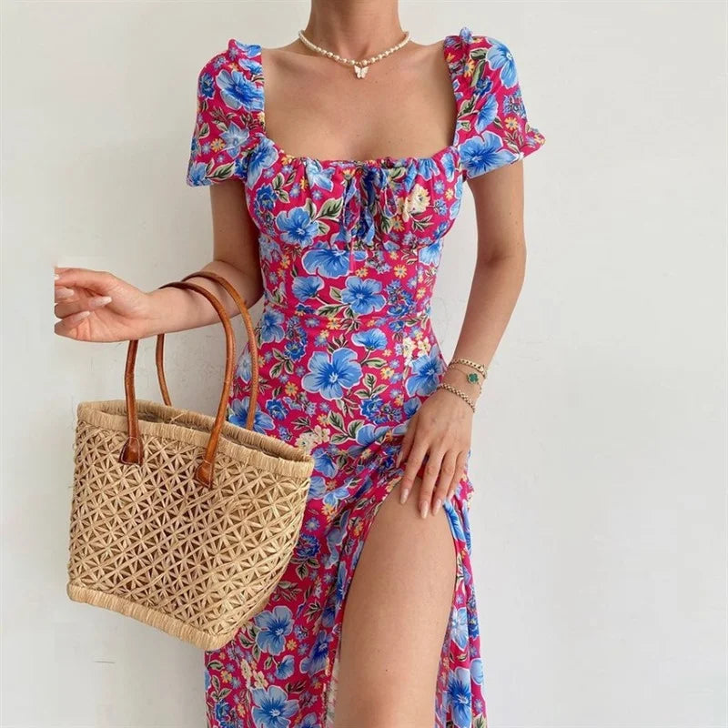 LIZAKOSHT  -  Summer New Sexy Holiday Dress Women Fashion Print Square Neck Midi Skirt Puff Sleeve French Floral Split Dress Female