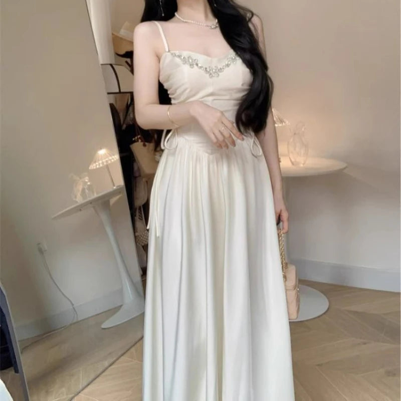 LIZAKOSHT  -  Elegant Evening Party Dresses for Women White Long Sleeveless Bodycone Dress Korean Midi Vintage Sweet Dress Chic