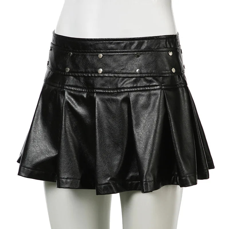 LIZAKOSHT  -  Y2K Rivet PU Leather Mini Skirt Hot Girl Pleated Skirt Punk Zipper Low Waist Black Party Club Skirt Female Autumn Fashion