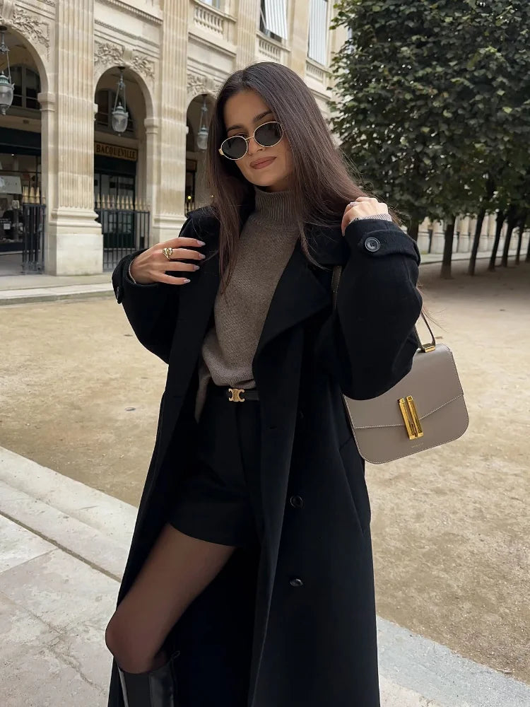 LIZAKOSHT  -  2025 Black Elegant Double Breasted Lapel Belt Woman Woolen Coat Chic Solid Color Full Sleeves Casual Long Jacket New Street Wear