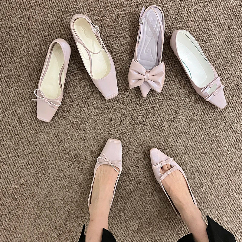 LIZAKOSHT Summer New Purple Fashion Pointed Toe Slingback Shoes Brand Bow-knot Shallow Slip Mules Shoes Ladies Flat Dress Sandals