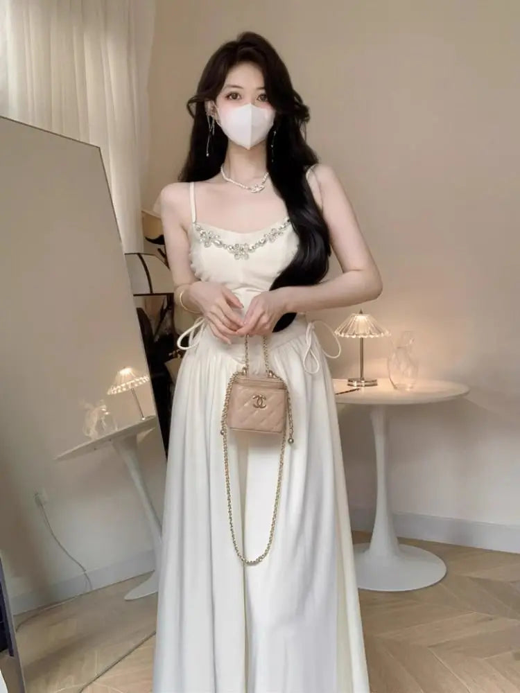 LIZAKOSHT  -  Elegant Evening Party Dresses for Women White Long Sleeveless Bodycone Dress Korean Midi Vintage Sweet Dress Chic