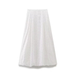 LIZAKOSHT  -  Women Hollow Out Embroidery White Skirt Summer Female Mid-rise Back Zipper A-line Midi Skirts