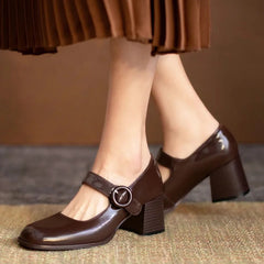 LIZAKOSHT High heels, chocolate colored single shoes, thick heels, college style, new comfortable retro Mary Jane shoes for wo