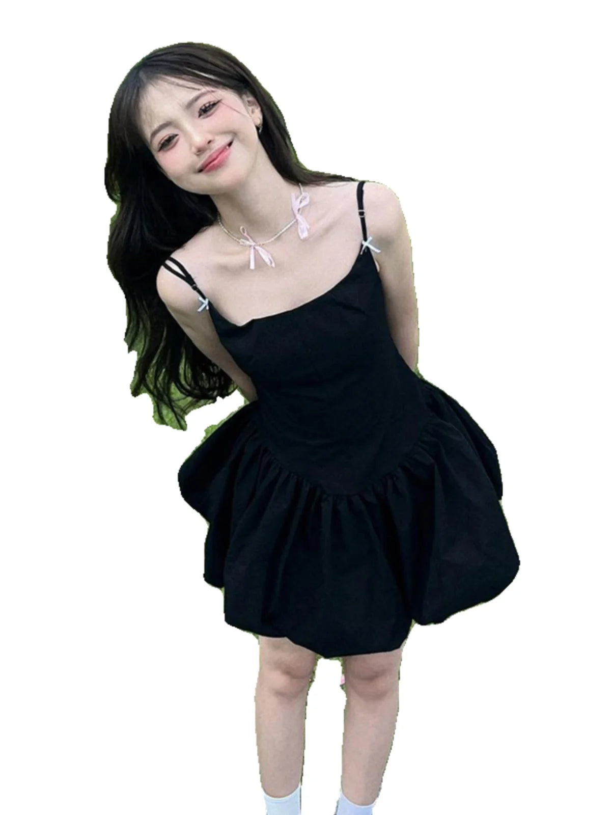 LIZAKOSHT  -  Princess Fashionable, Simple, and High End Waist Wrapped Small Black Dress French Flower Bud Sling Dress Trendy