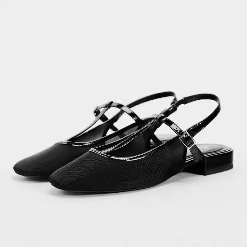 LIZAKOSHT  -  Black Mesh Women Mary Jane Shoes Comfortable Round Toe Fashion Buckle Strap Low Heel Shallow Large Size Daily Light Ladies Pumps