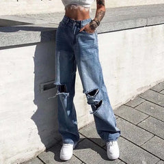 LIZAKOSHT -  Women Fashion Harajuku Harem Korean Wide Leg Trousers Casual Ripped Hole Jeans Straight Denim Pants High Waist Streetwear