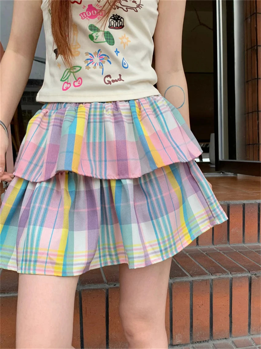 LIZAKOSHT  -  Rainbow Plaid Mini Skirts Preppy Style Women Slim Chic Sweet Party Summer 2024 High Street Daily Casual Gentle