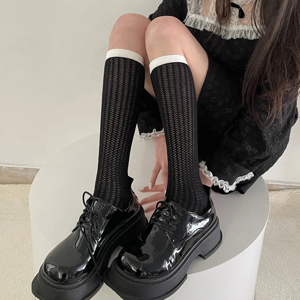 Lizakosht Hollow Out Mesh Breathable Women Stockings JK School Girls Black White Long Socks Stockings Women Lolita Kawaii Cute Knee Socks