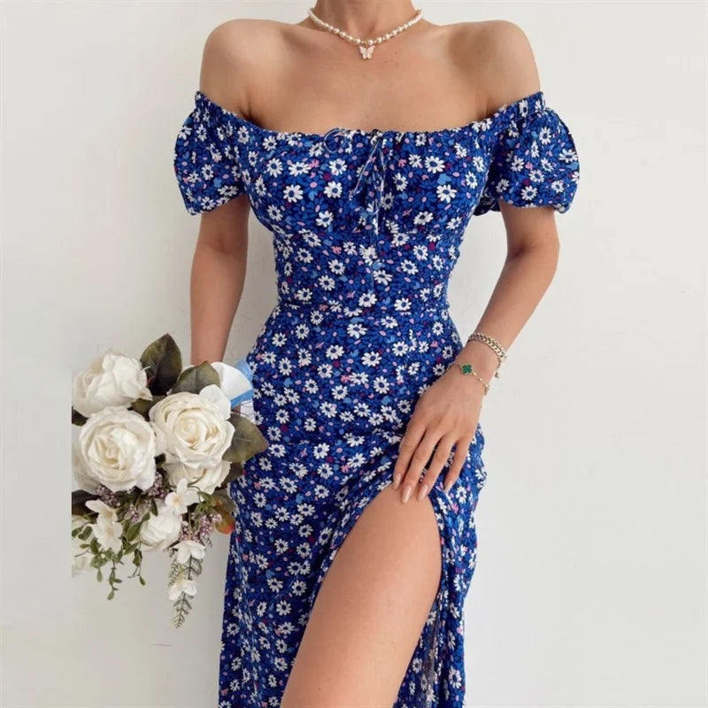 LIZAKOSHT  -  Summer New Sexy Holiday Dress Women Fashion Print Square Neck Midi Skirt Puff Sleeve French Floral Split Dress Female