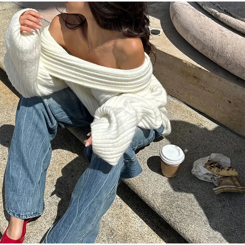 LIZAKOSHT  -  Women Sexy Solid One Neck Ribbed Sweater Fashion Off Shoulder Long Sleeve Knitted Pullover Autumn Lady Chic Street Knitwear