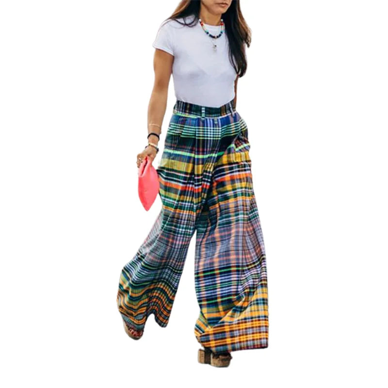 LIZAKOSHT  -  New Stylish Checkerboard Printed Wide Leg Pants New Summer High Waist Zipper Casual Office Trousers For Women