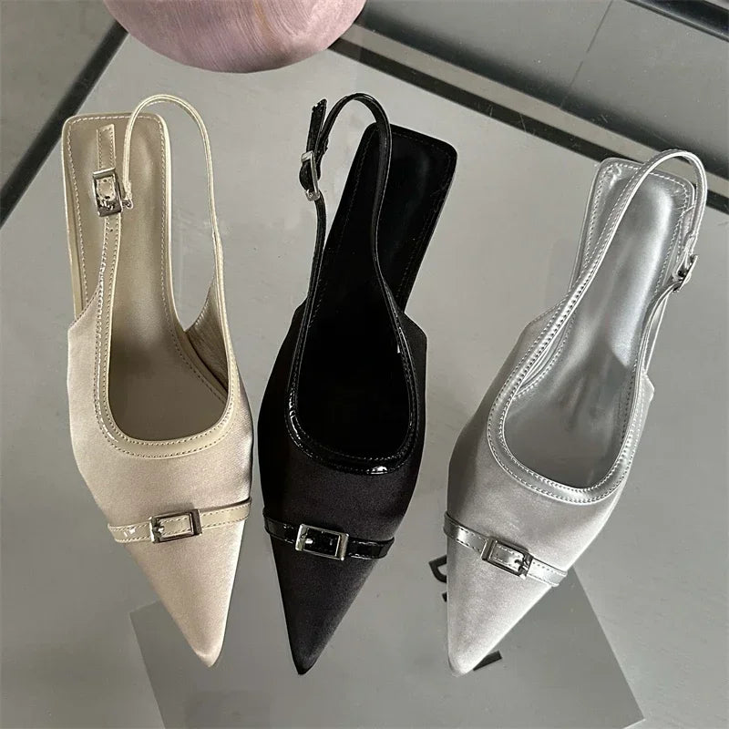 LIZAKOSHT Women Pumps Pointed Toe New Satins Slingback Sandals Ladies Buckle Fashion Design Silver Banquet Low Heels Mules Shoes for Women