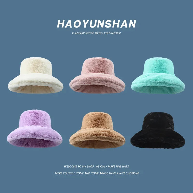 Lizakosht Y2K Japanese Oversized Plush Fluffy Bucket Hat Women Autumn Winter Large Warm Clouds Fisherman Hat Female Faux Fur Basin Hat