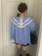 LIZAKOSHT  -  Blue Shirts Women Flare Sleeve Autumn Lace Sweet Chic 2023 Casual Peter Pan Collar Daily New Office Lady Gentle