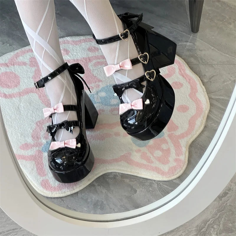 LIZAKOSHT  -  Lolita Thick Heel Original Cute And Sweet Japanese Bow Single Shoes For Women Kawaii Loli Tea Party High Heels