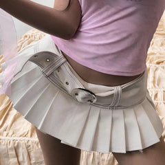 LIZAKOSHT  -  American Miniskirt Hot Girl Belt Denim Pleated Skirt Low Waist Overskirt Slim Legs Long Hot Girl