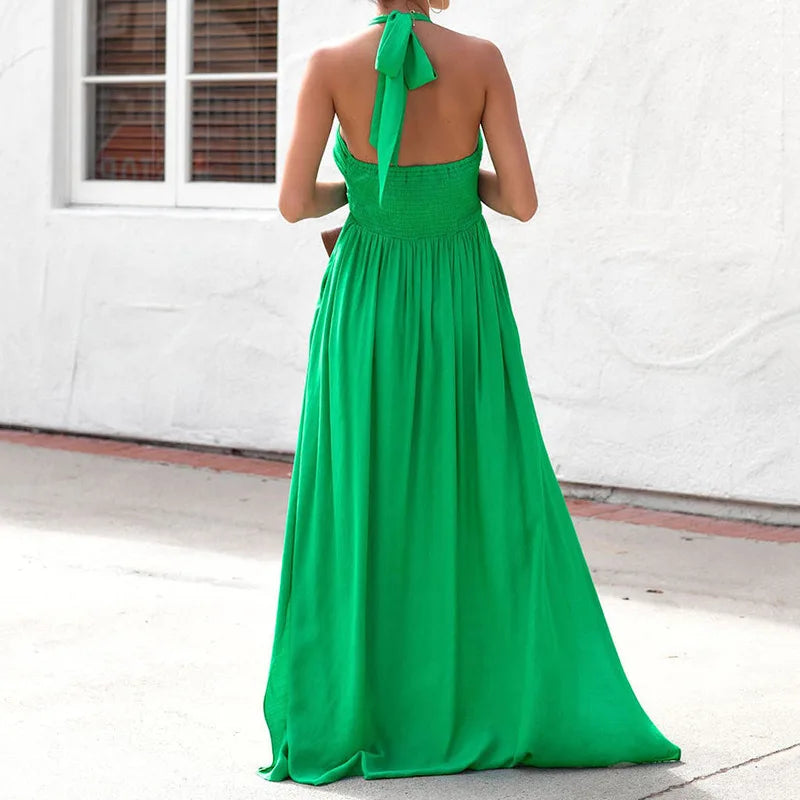 LIZAKOSHT  -  Summer sexy backless sleeveless v-neck halter empire waist A-line long maxi dress red green blue black beach clothes