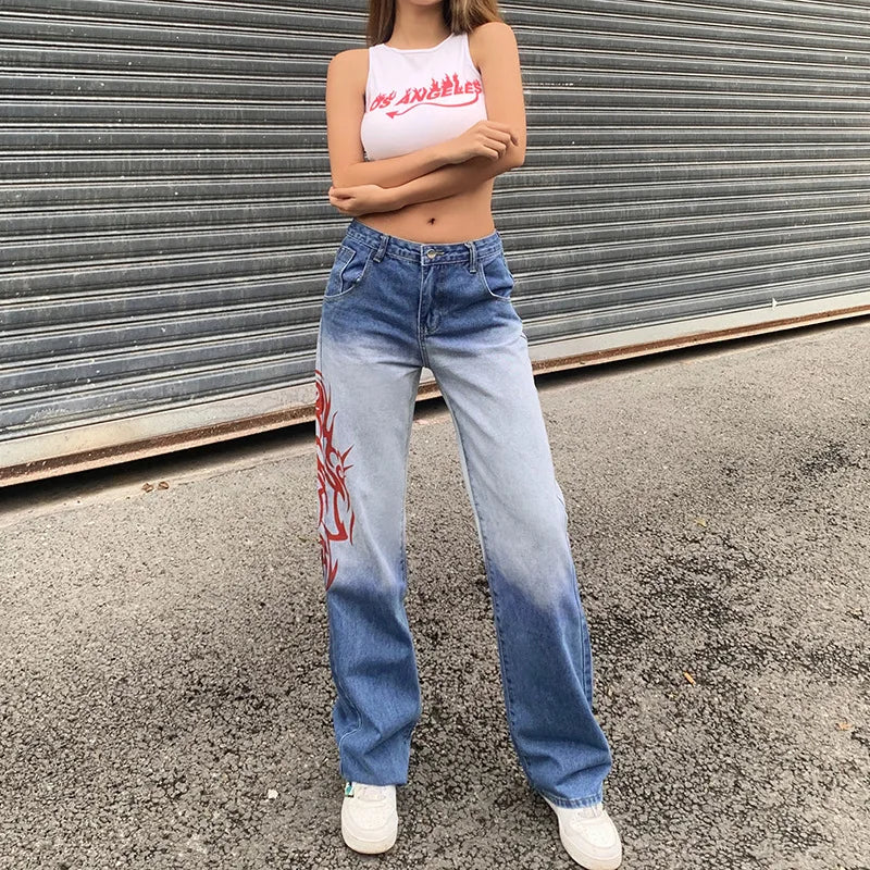 LIZAKOSHT -  Casual Straight Denim Trousers Fashion Pocket Printed High Waist Long Jeans Pants Summer Women Hip Hop Goth Streetwear New