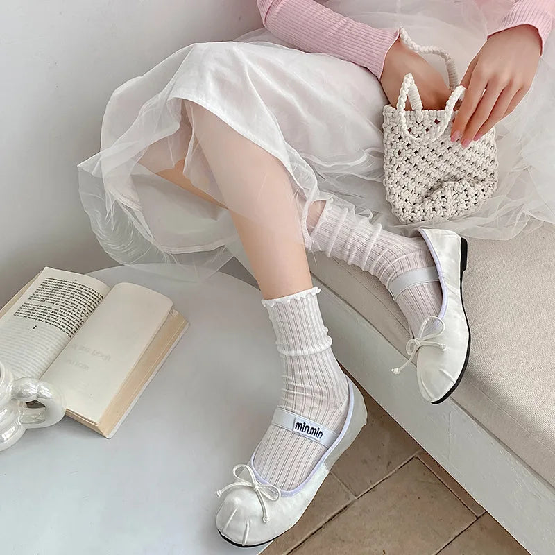 Lizakosht Kawaii Cute Ruffle Socks Women Summer Thin Mesh Breathable Loose Long Socks Ballet Style Solid Color Black White Socks