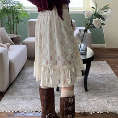 LIZAKOSHT  -  Korean Fashion Midi Skirt Kawaii Vintage Clothes Summer Fashion Woman Lace Skirts For Woman Harajuku Embroidery Skirt Black