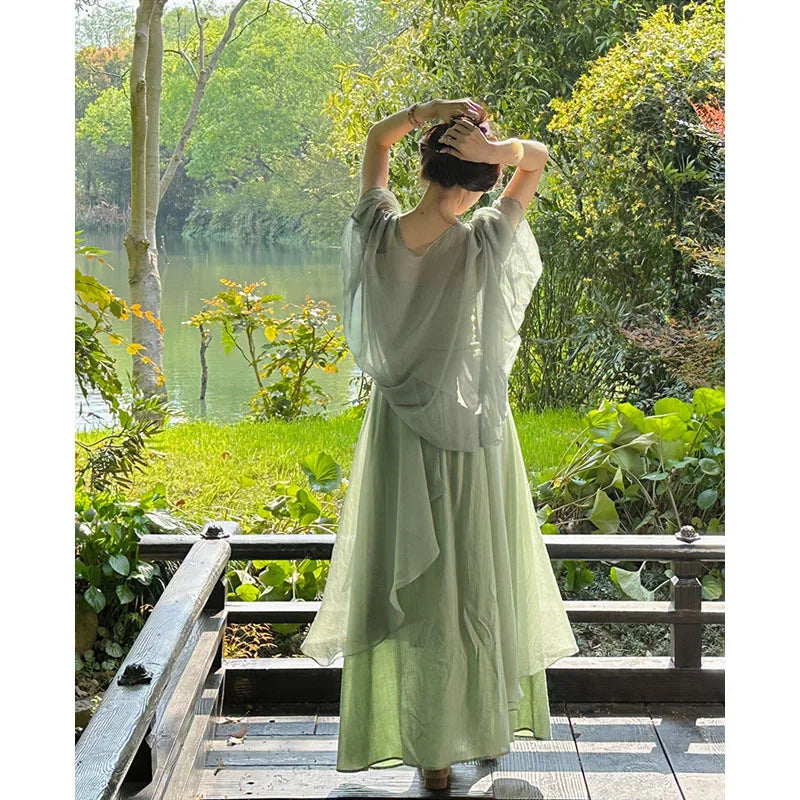 LIZAKOSHT  -  Retro Women 3PCS Dress Set Green Hanfu Suit Summer New Chinese Style Qipao DressMesh Cardigan Strap Vestidos Cheongsams Costumes