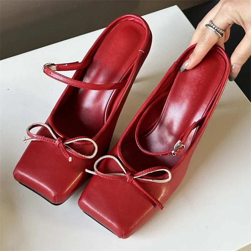 LIZAKOSHT  -  New Design Square Toe Mule Pumps Women Bow Heeled Ballet Shoes Buckle Strap Sexy Party Dress Shoes Thin High Heels Slipper Women