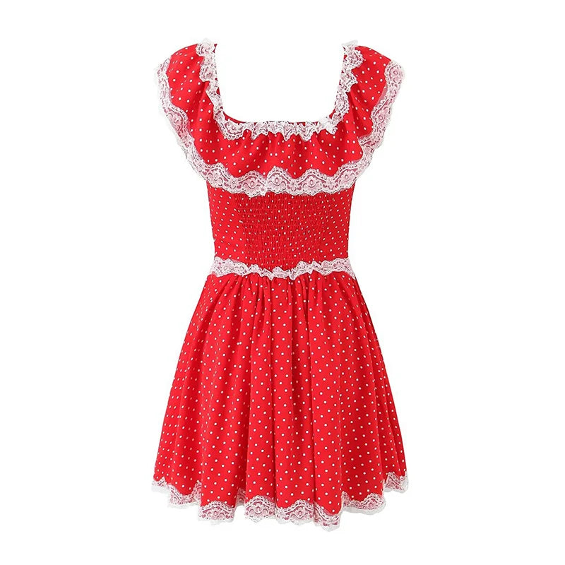 LIZAKOSHT  -  Summer Women Lace Patchwork Sexy Off Shoulder Dress Low Waist Short Sleeve Female Holiday Party Mini Dresses White Red