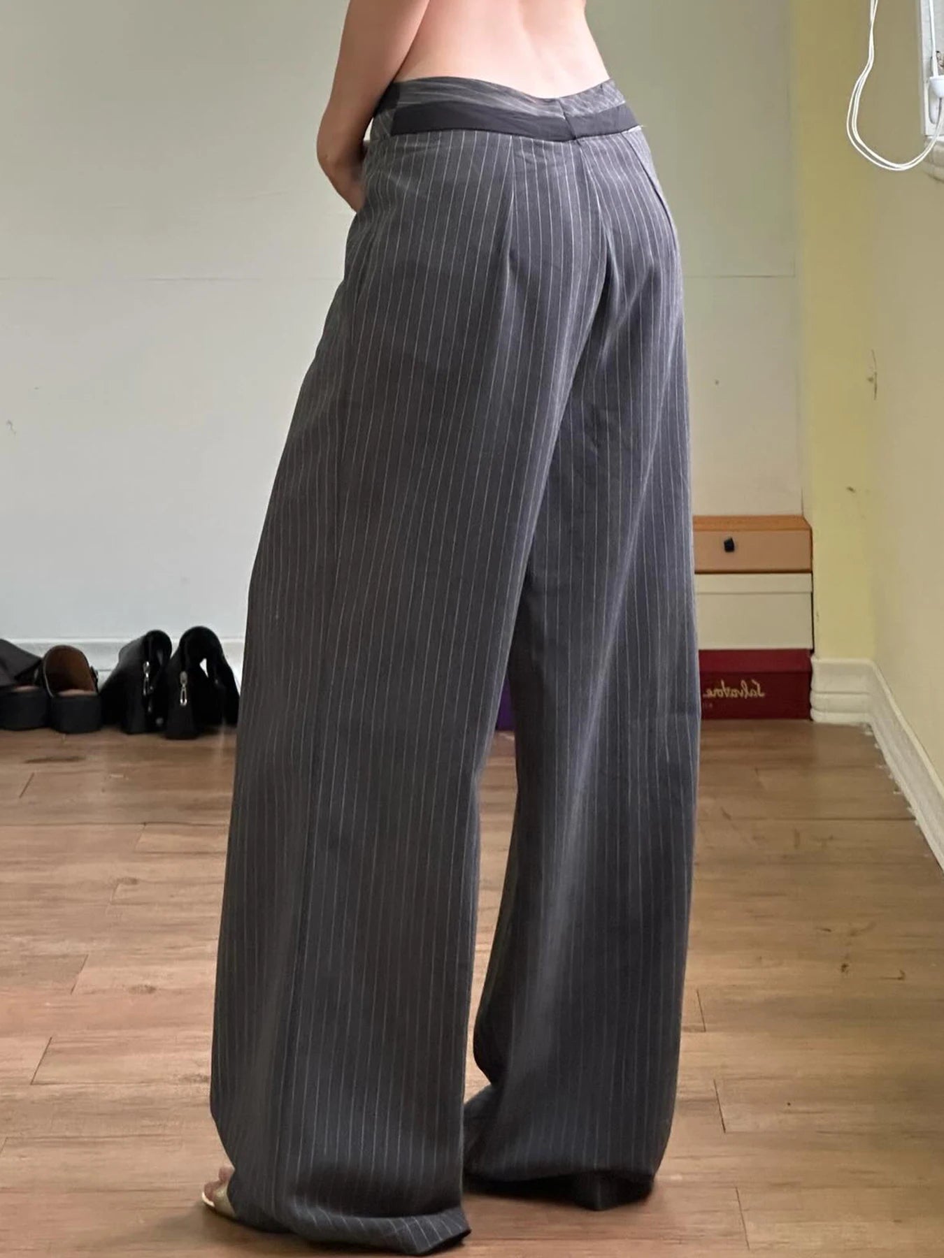 LIZAKOSHT  -  Casual Patchwork Slimming Woven Pants Elegant Striped Pants Low Waist Wide Leg Suit Pants Korean Fashion Baggy Trousers