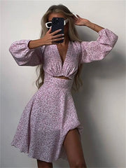 LIZAKOSHT  -  V-Neck Printed Mini Dress For Women Summer 2023 Fashion Hollow Out Elegant Long Sleeve Dress Outfits Patchwork Slin Dress