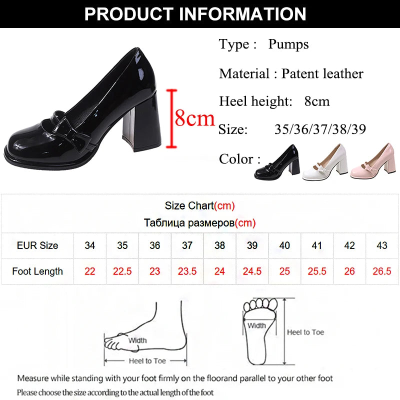 LIZAKOSHT  Sweet Bowknot High Heels Mary Janes Women Cute Round Toe Patent Leather Pumps Woman Slip-On Square Heeled Bow Party Shoes Ladies