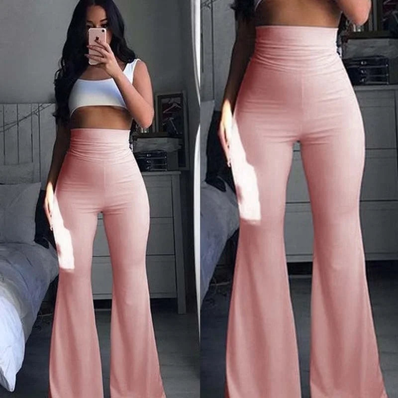 Lizakosht Summer Women Fashion Woman Pants Hippie High Waist Bell Bottoms Ladies Stretch Flare Trousers Office Lady Solid Pink Pants