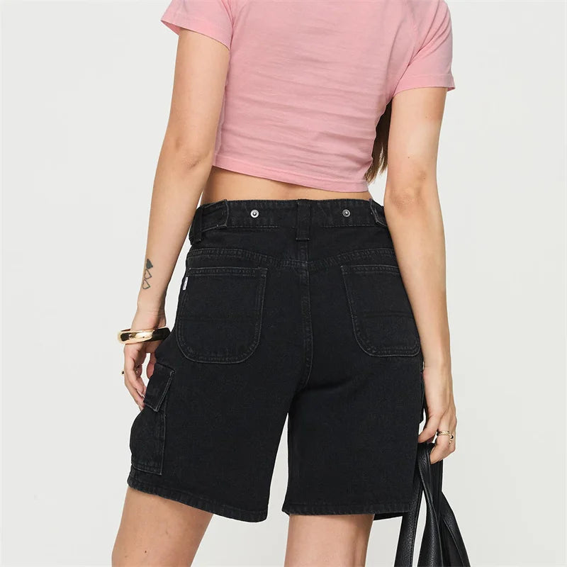 LIZAKOSHT  -  Denim Shorts y2k Clothes Women Summer Solid Color Zipper High Waist Loose Jeans Hot Pants Vacation Beach Streetwear