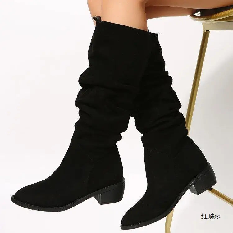 LIZAKOSHT  -  British Style Chunky Heel Pointy Toe Western Biker Boots Riding Boots New Suede Midi Boots Plus Size Ladies Boots