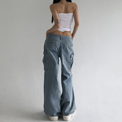 LIZAKOSHT  -  American Style Pleated Washed Parachute Jeans Women's High Waisted Loose Wide Leg Large Pocket Workwear Pants