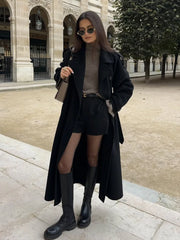 LIZAKOSHT  -  2025 Black Elegant Double Breasted Lapel Belt Woman Woolen Coat Chic Solid Color Full Sleeves Casual Long Jacket New Street Wear